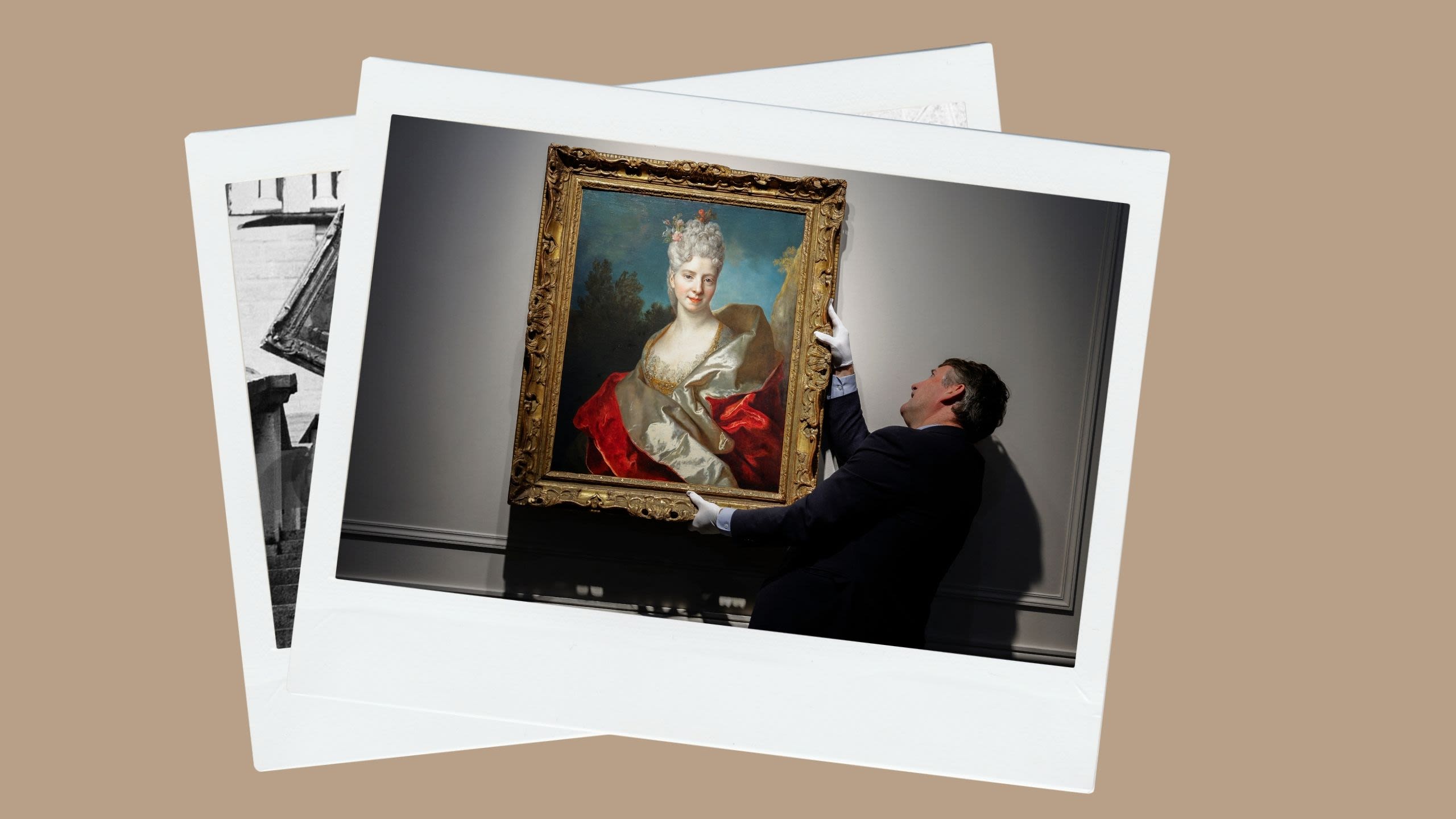 A man hanging a painting (© Grégoire Campione/AFP/Getty Images) Nicolas de Largilliere’s Portrait de femme à mi-corps is displayed in Paris on October 21, 2024. (© Grégoire Campione/AFP/Getty Images) 