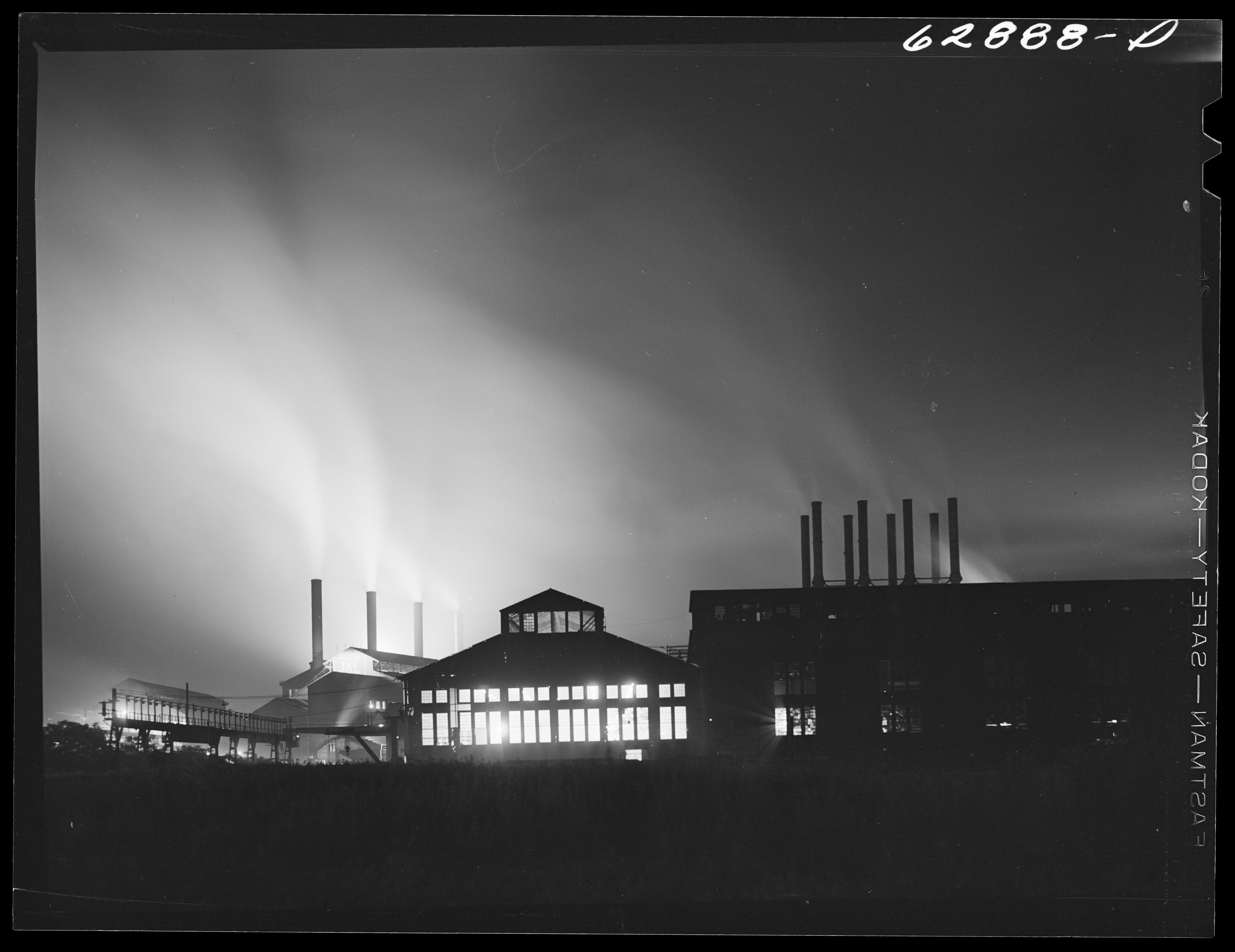 Coal plant at night 1941, possibly Jones Laughlin steel company in Pittsburgh, Pennsylvania.