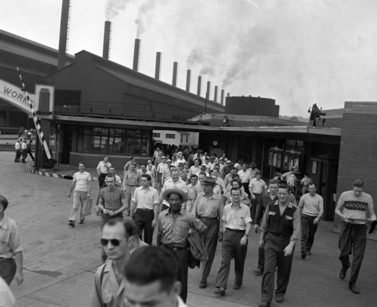 Workers are leaving the US Steel Homestead Steel Works through the Amity Street entrance, ca. 1950.