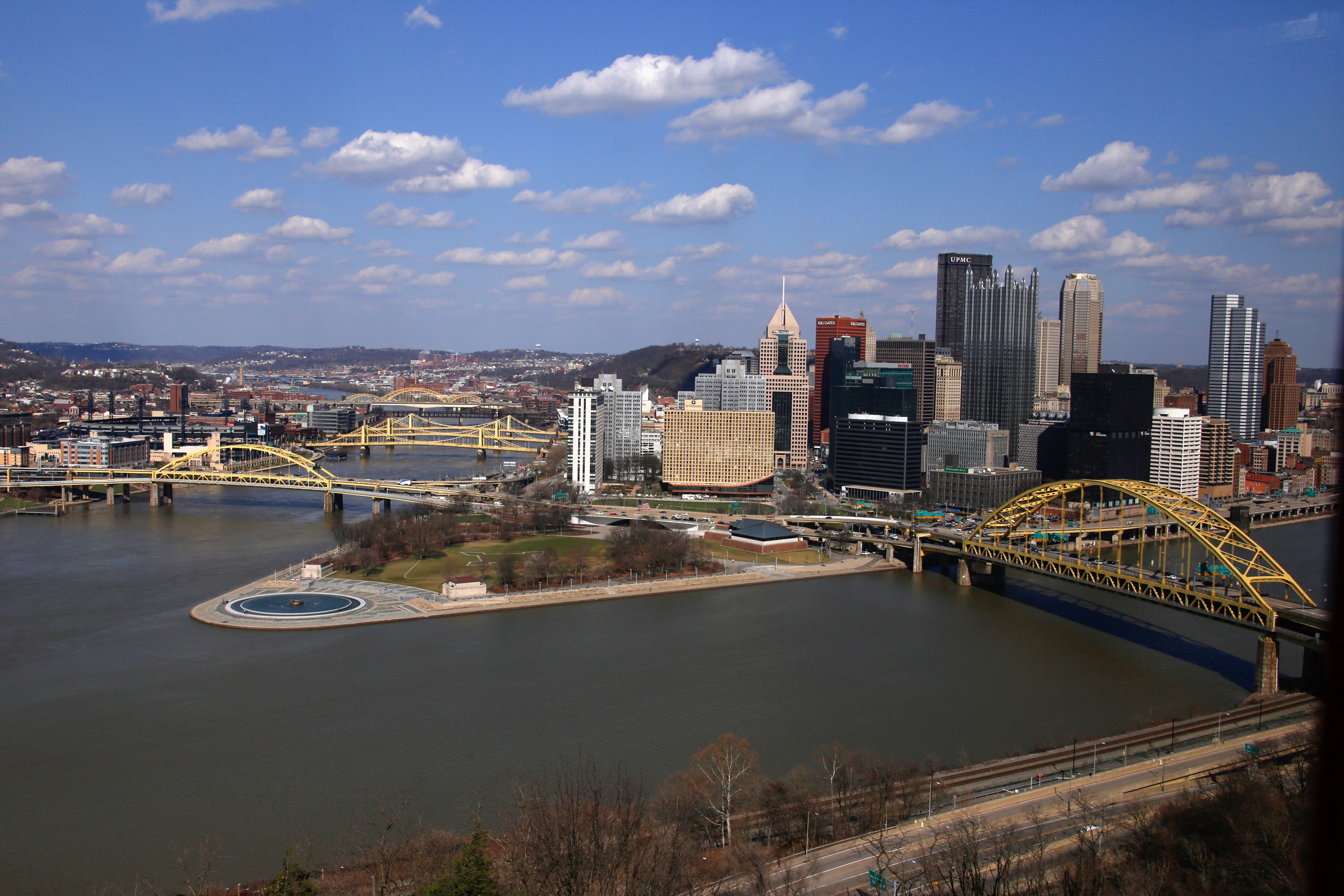  This April 8, 2014 photo shows the skyline of downtown Pittsburgh at the confluence of the Allegheny, Monongahela, and Ohio Rivers.