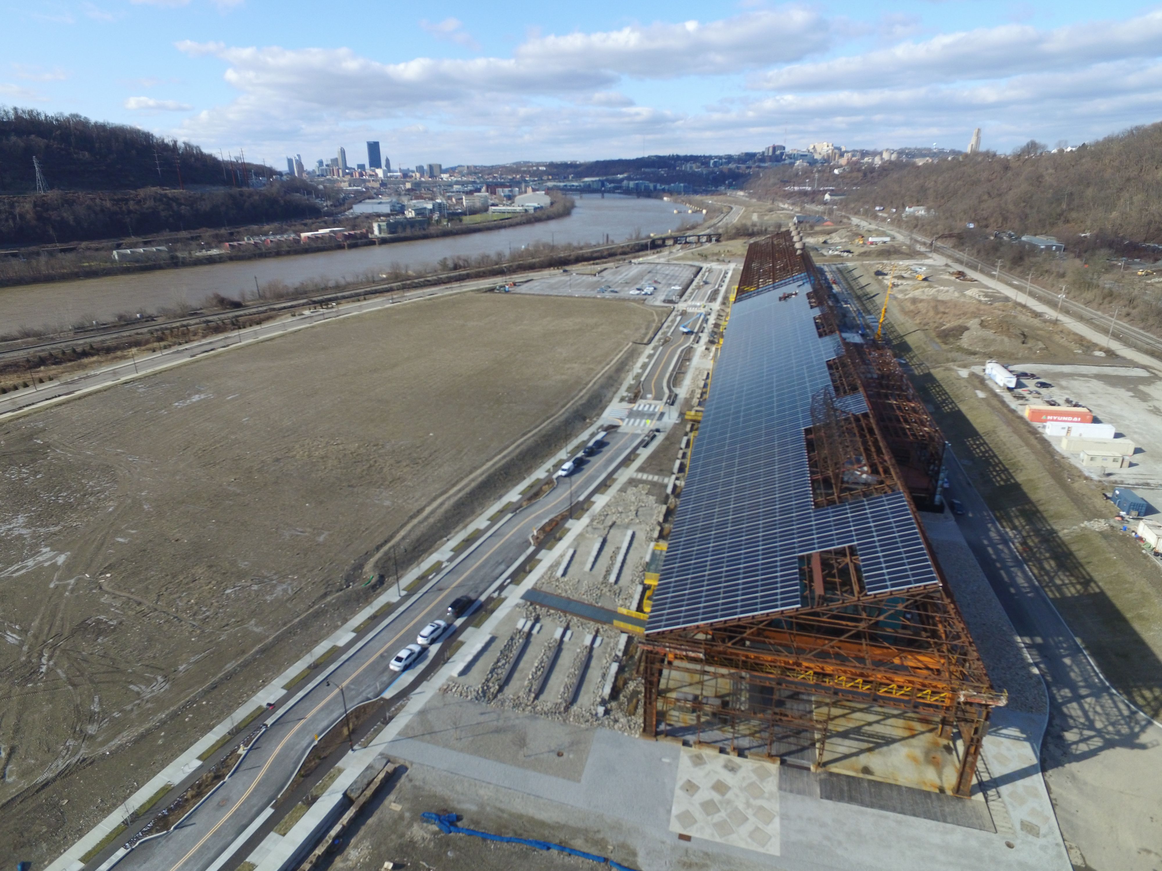 Mill 19 with the city of Pittsburgh in the distance.