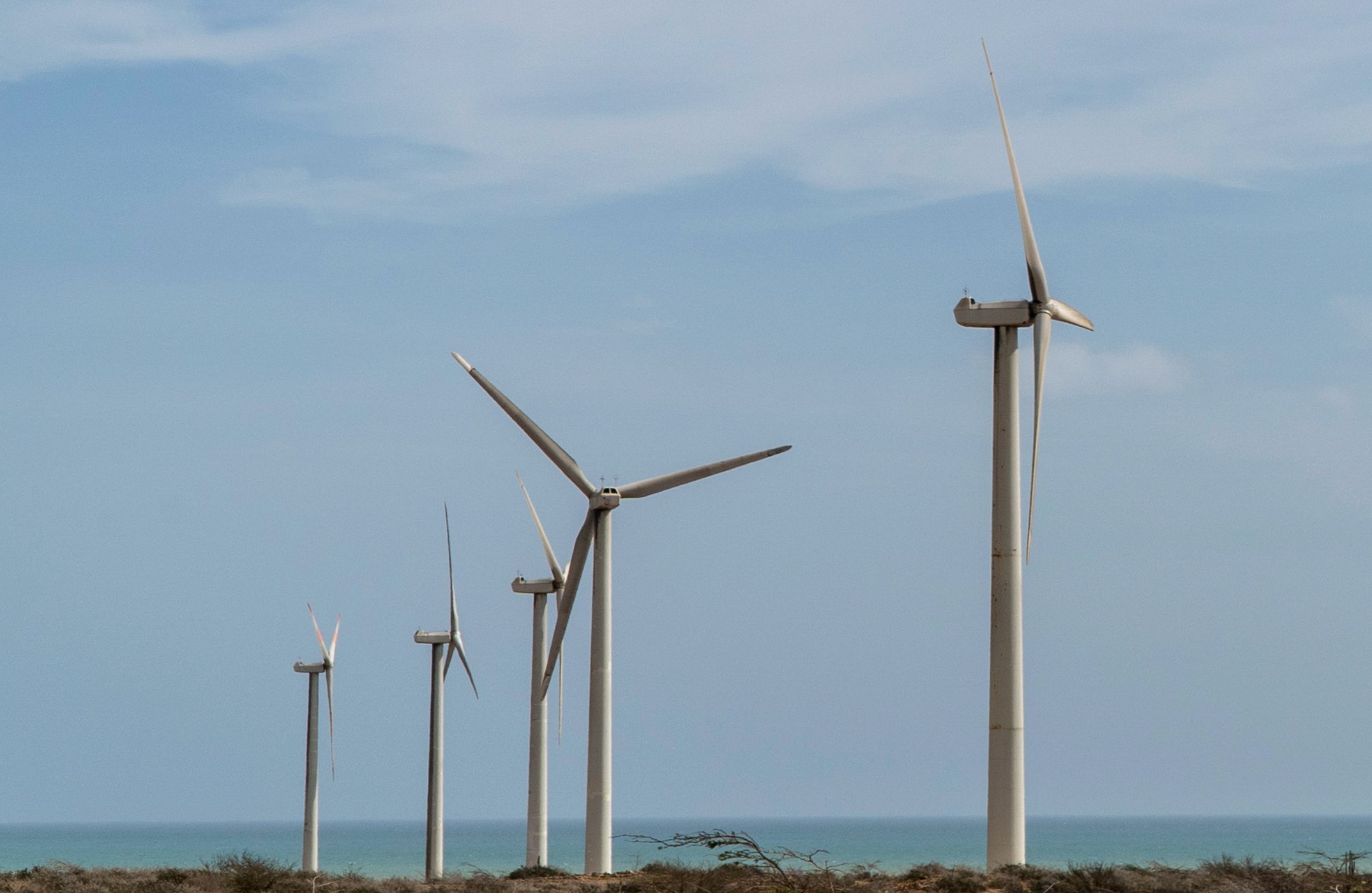 Wind turbines in the Jepirachi wind park, Cabo de la Vela, in the La Guajira region of Colombia