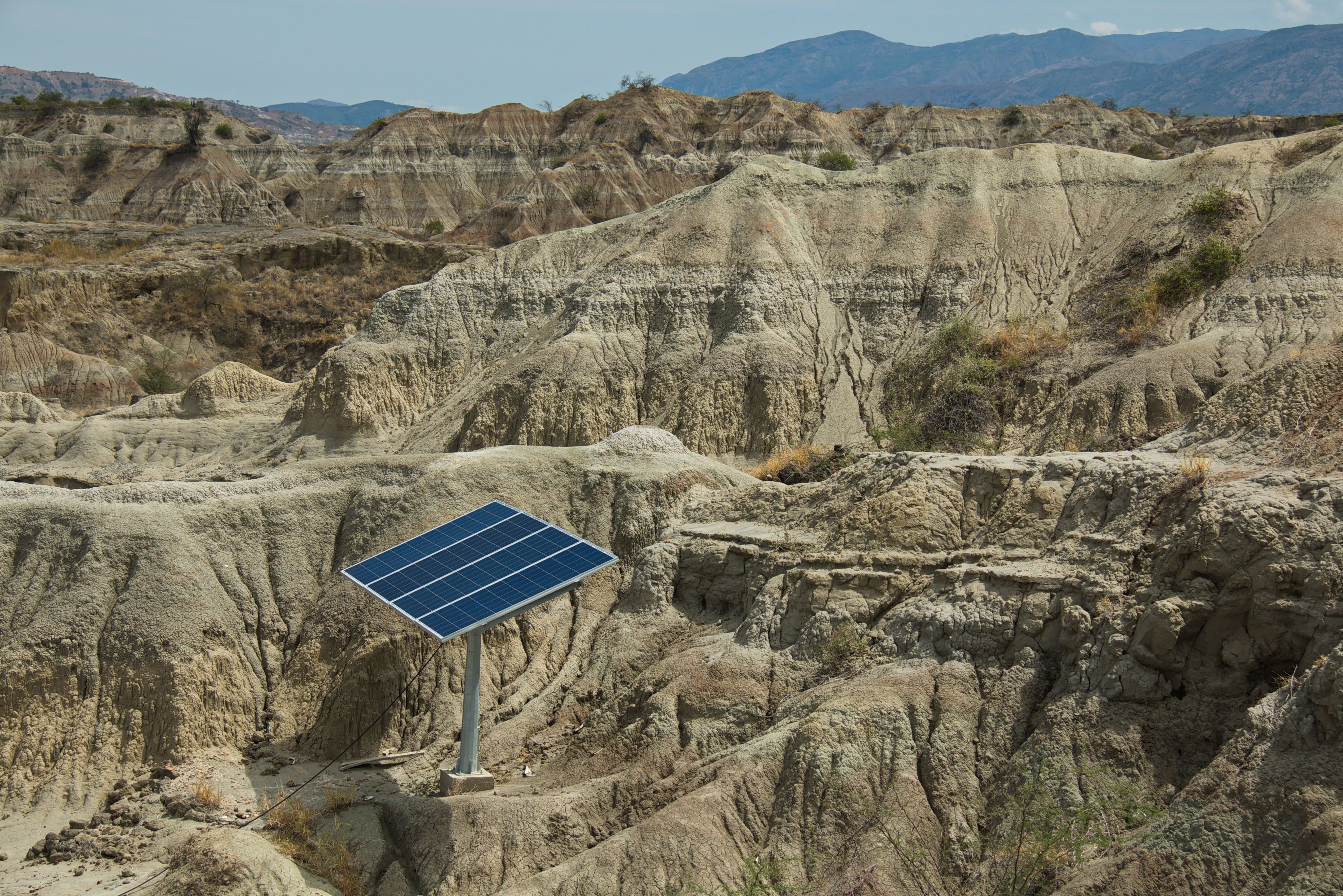 Solar panels in the Tatacoa desert part Los Hoyos in La Guajira region of Colombia.