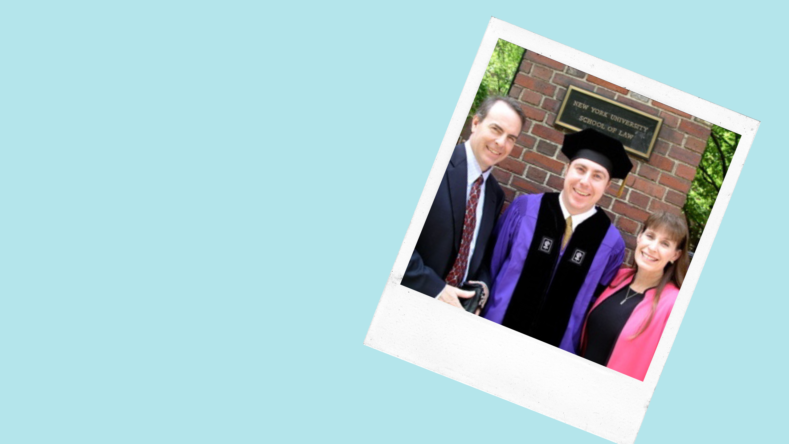 two men and a woman stand in front of a sign that reads "New York University School of Law"
