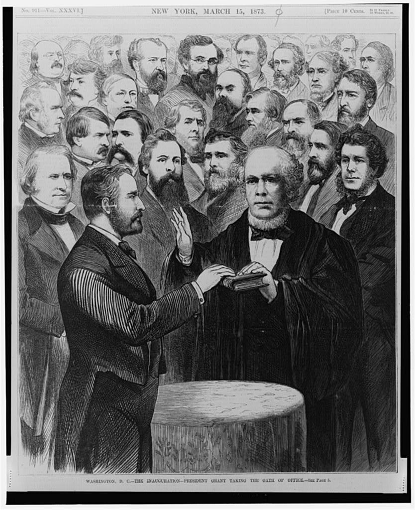 Illustration of Ulysses S. Grant taking the presidential oath of office in 1873, surrounded by a crowd of notable figures (Library of Congress