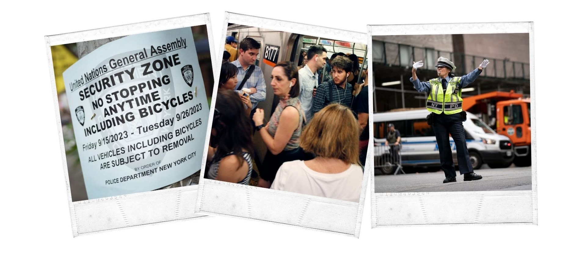 Collage of three photos from left: Sign reading "security zone" (© John B. Senter III/UCG/Universal Images Group/Getty Images) Crowded subway (© Mark Lennihan/AP) Officer directing traffic (© John Minchillo/AP)