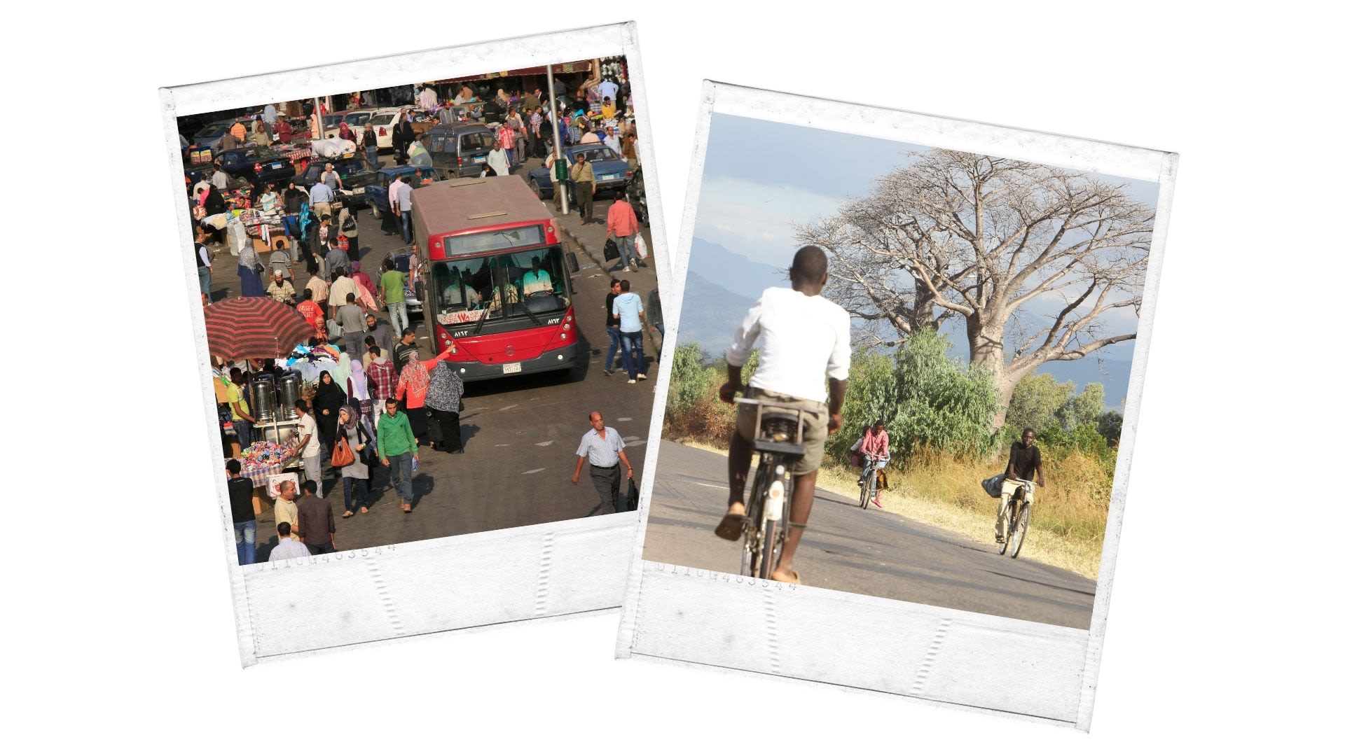 Collage of two images from left: Bus navigating through crowded marketplace (© Amr Nabil/AP) Cyclists riding along rural road (© Tsvangirayi Mukwazhi/AP)