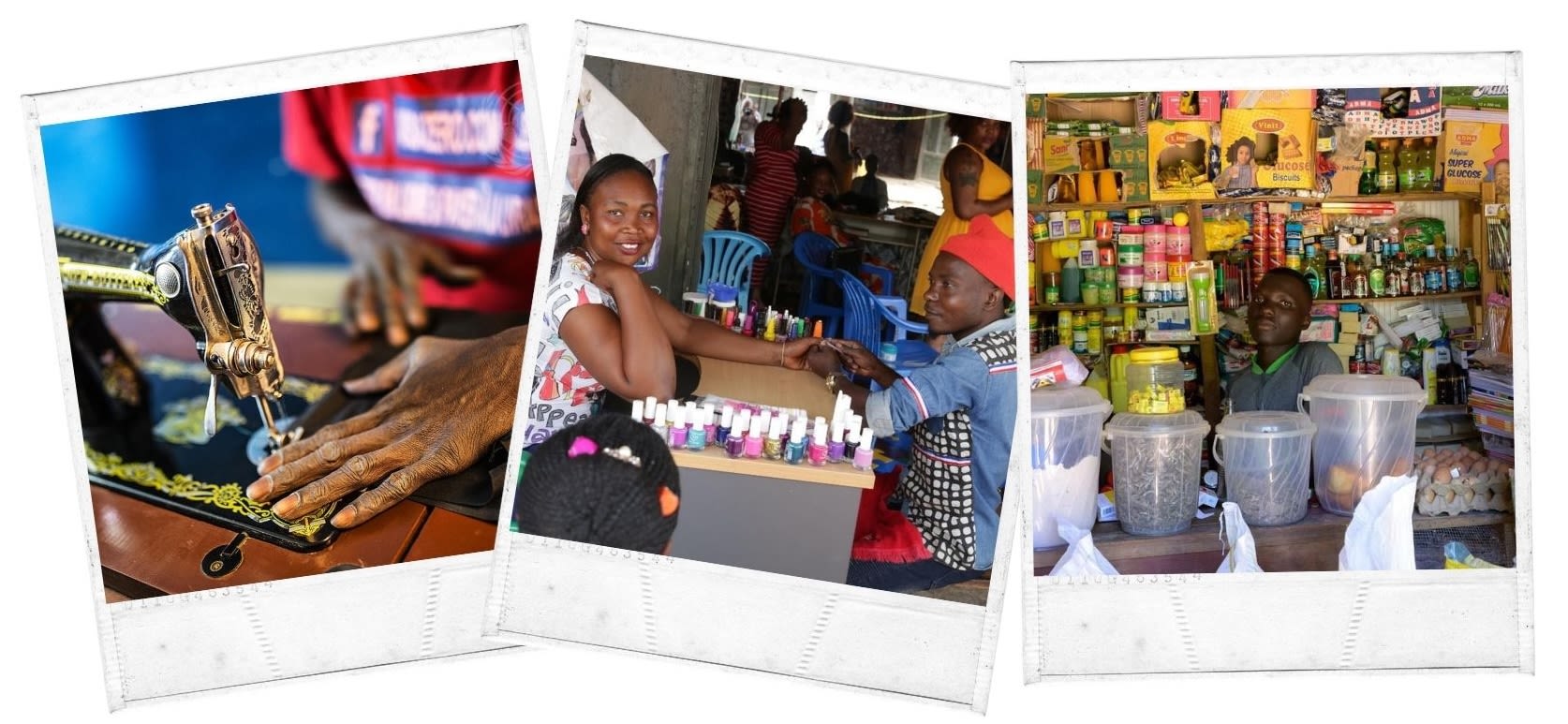 Collage of three images from left: Close-up of person using sewing machine (Harandane Dicko/UN) Woman getting manicure at market (Nektarios Markogiannis/UN) Man standing behind shop counter (Manuel Elías/UN)