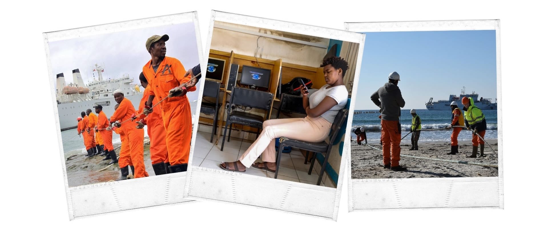 Collage of three images from left: Workers in uniforms pulling cable near large ship (© AFP/Getty Images) Woman sitting in internet café using her phone (© Brian Inganga/AP) Workers in protective gear handling undersea cables on beach with ship in background (© Boris Horvat/AFP/Getty Images)