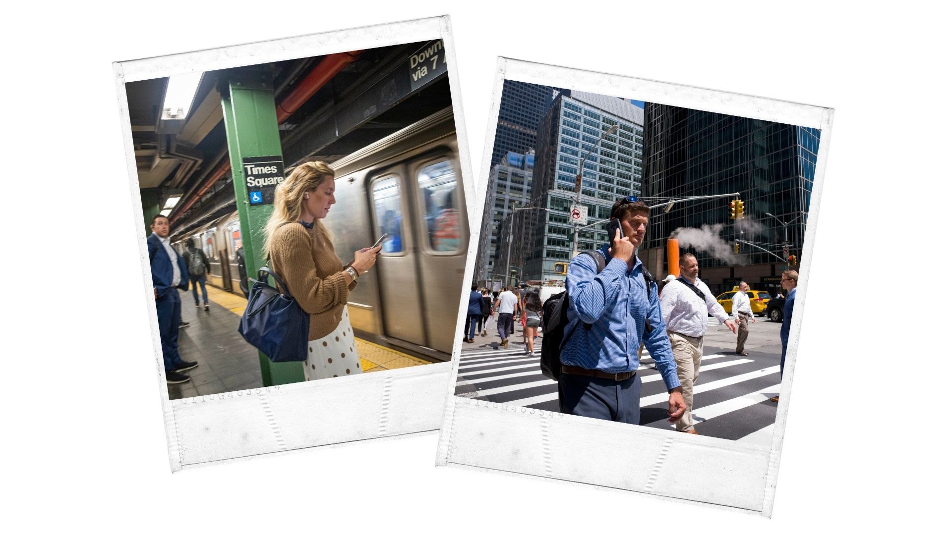 Collage of two images from left: Woman looking at her phone while standing on subway platform (© Nicolas Economou/NurPhoto/Getty Images) Man crossing busy street while talking on phone (© Mark Lennihan/AP)
