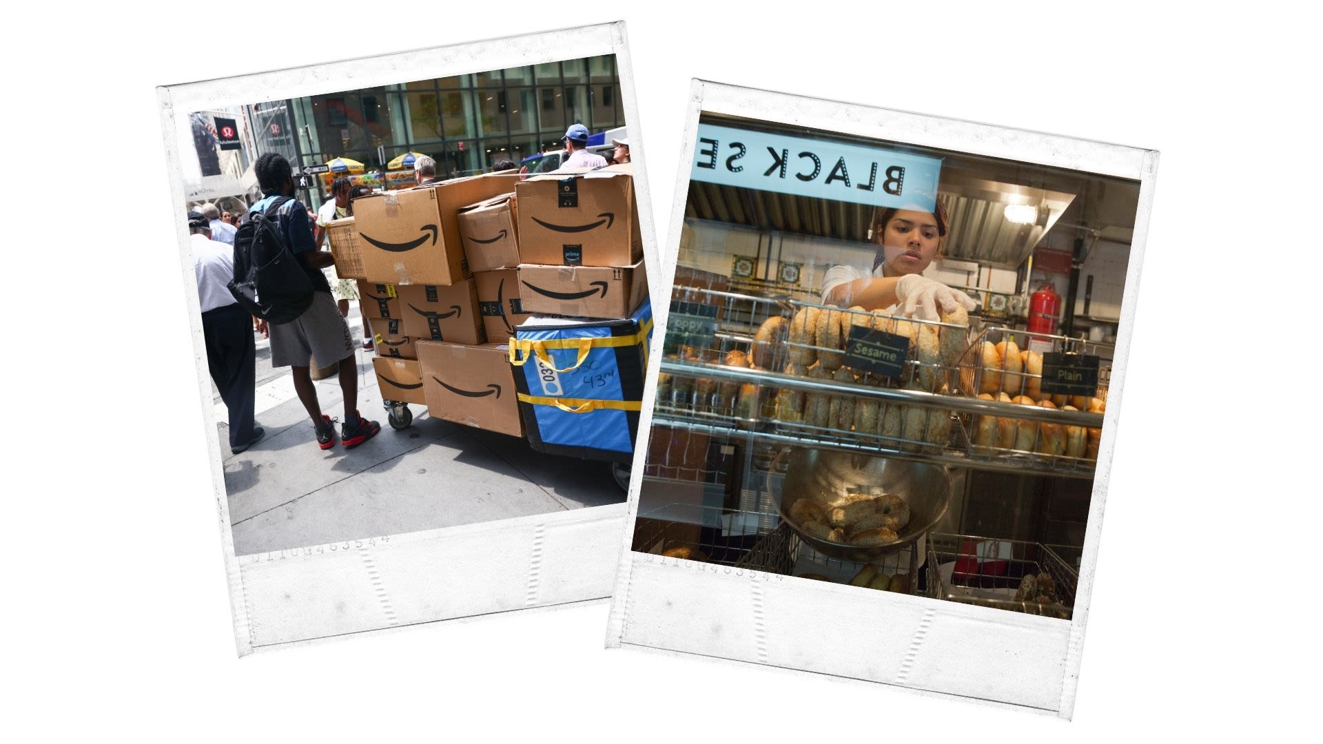 Collage of two images from left: Person pushing cart stacked with boxes on busy sidewalk (© Beata Zawrzel/NurPhoto/Getty Images) Worker arranging bagels behind counter (© Mary Altaffer/AP)