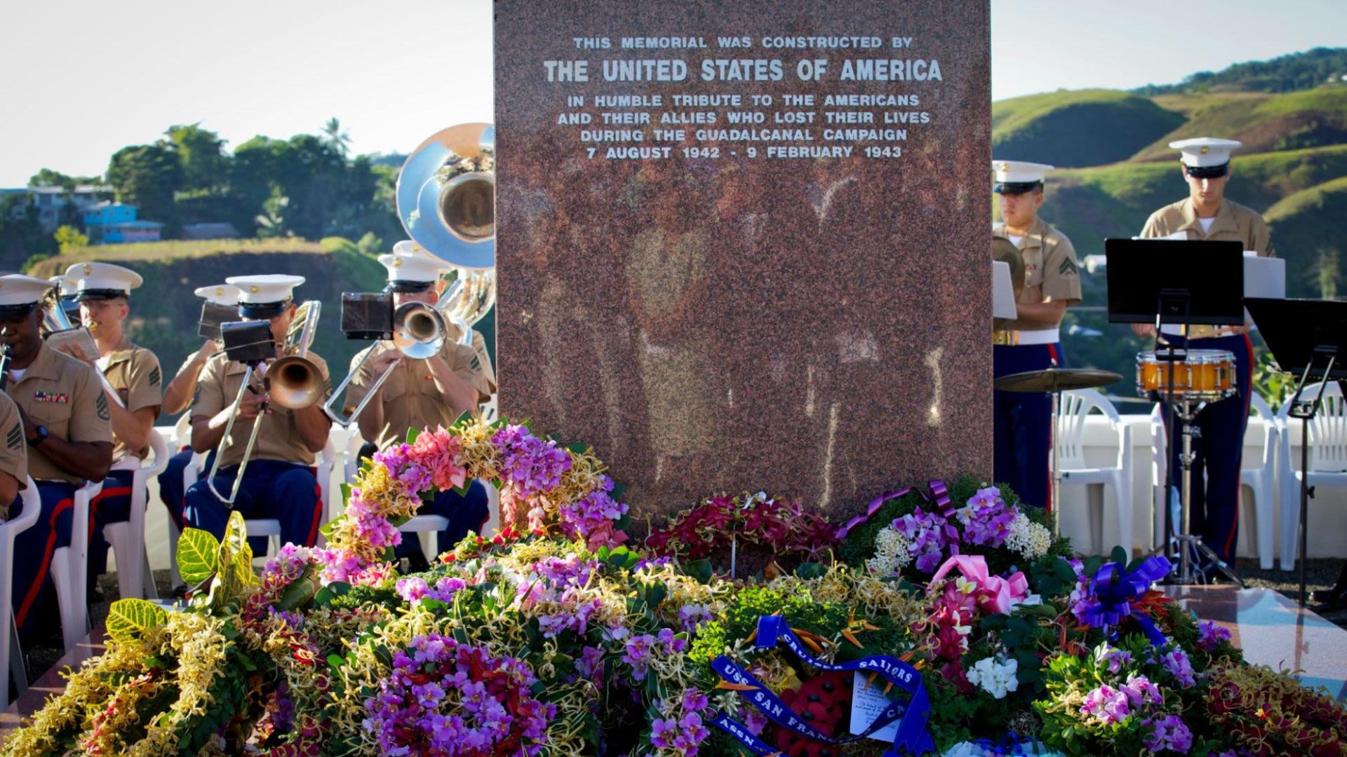 U.S. Marine Corps musicians performing at Guadalcanal Memorial (U.S. Marine Corps/Sergeant Mallory S. VanderSchans)