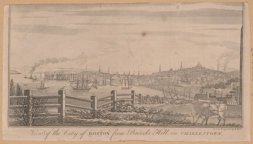 Historic engraving of Boston showing ships in harbor and grazing livestock (© Samuel Hill, Library of Congress)