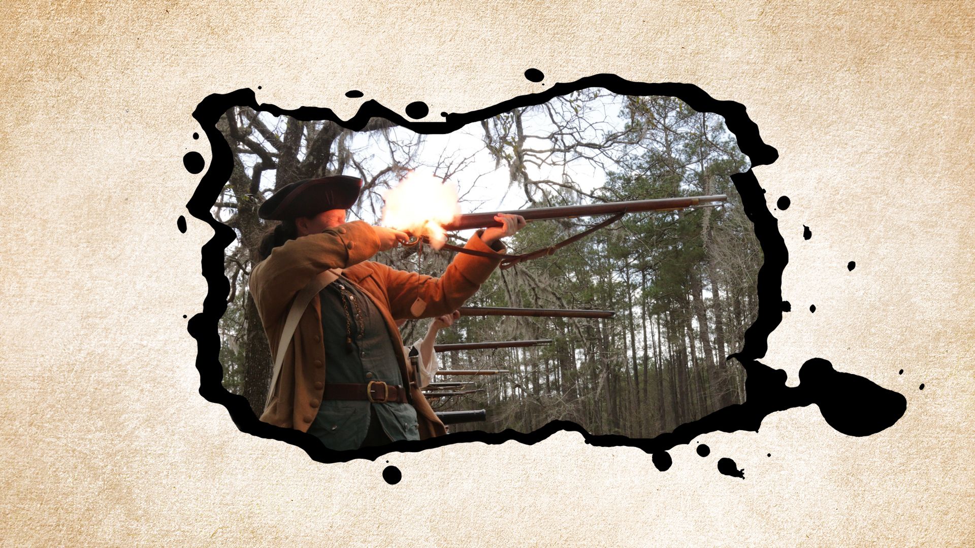 Colonial militia reenactor firing a musket