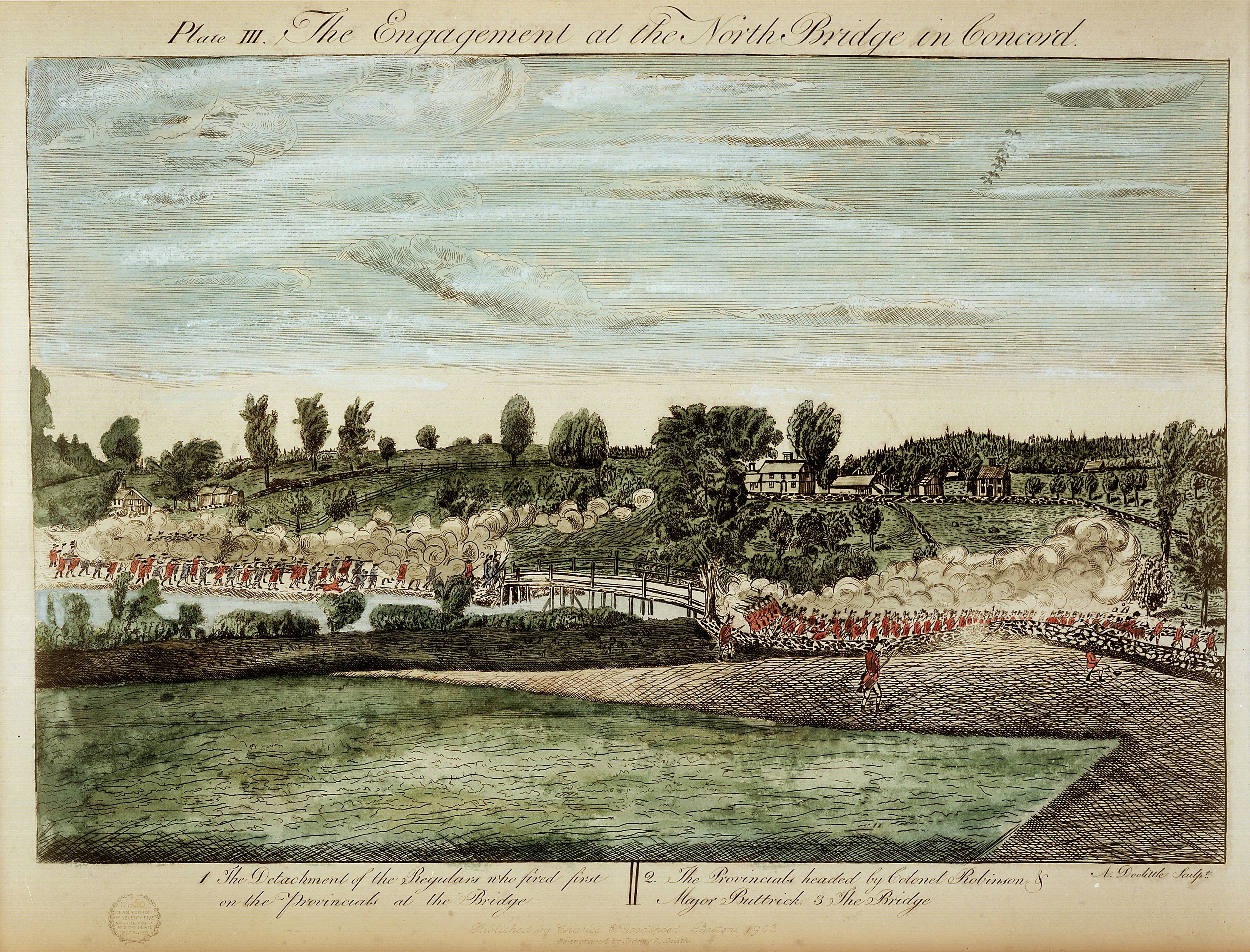 Illustration of American and British forces exchanging fire across river (Courtesy Concord Museum, Concord, MA, www.concordmuseum.org)