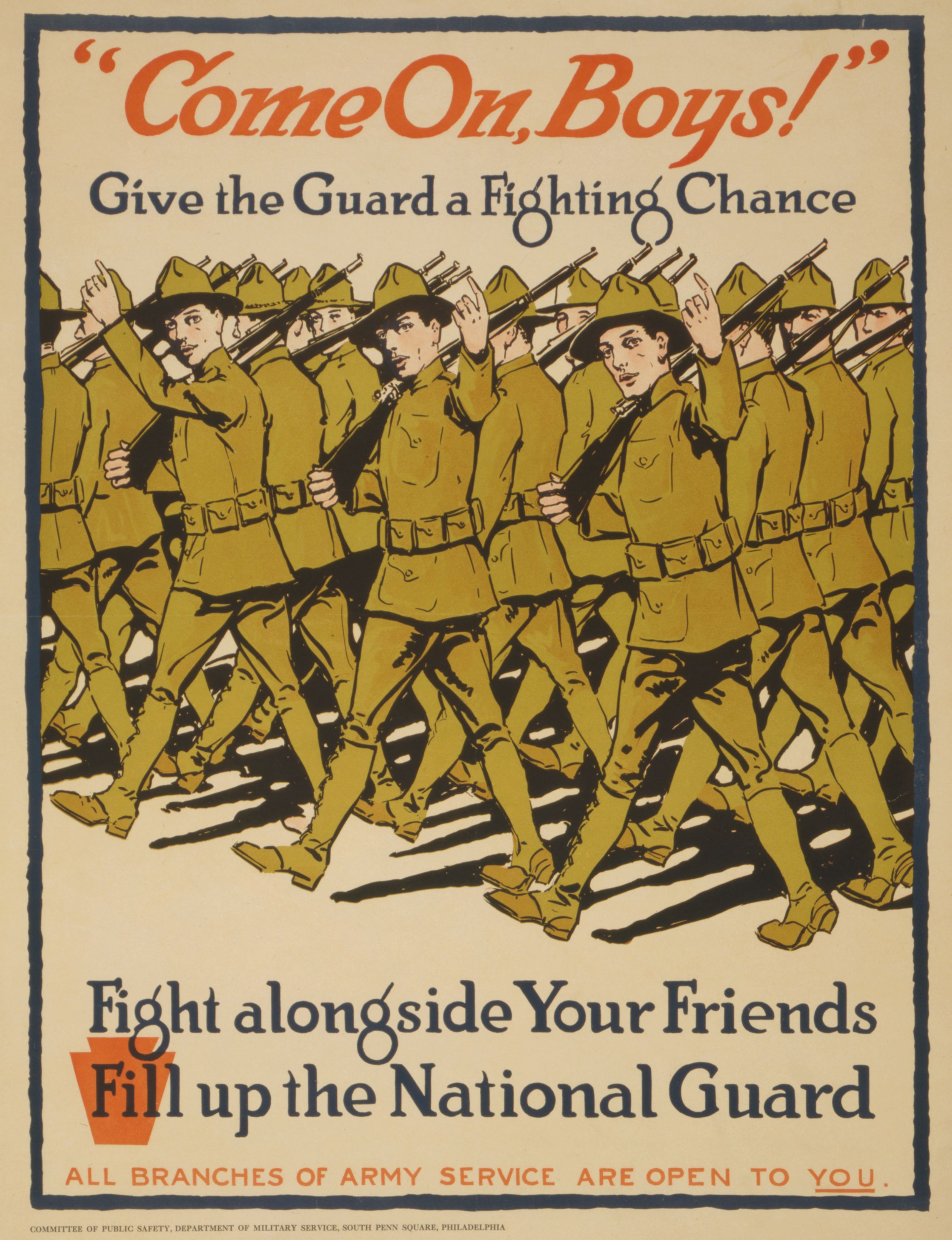 A National Guard recruiting poster showing men marching in military uniforms (© Edward Stern Company/Library of Congress)