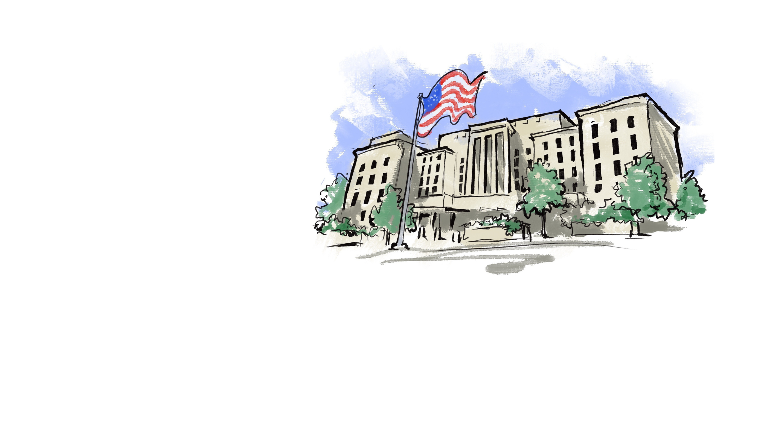 Illustration of multistoried office building surrounded by trees with American flag flying from flagpole in front of it (State Dept./D. Thompson) 