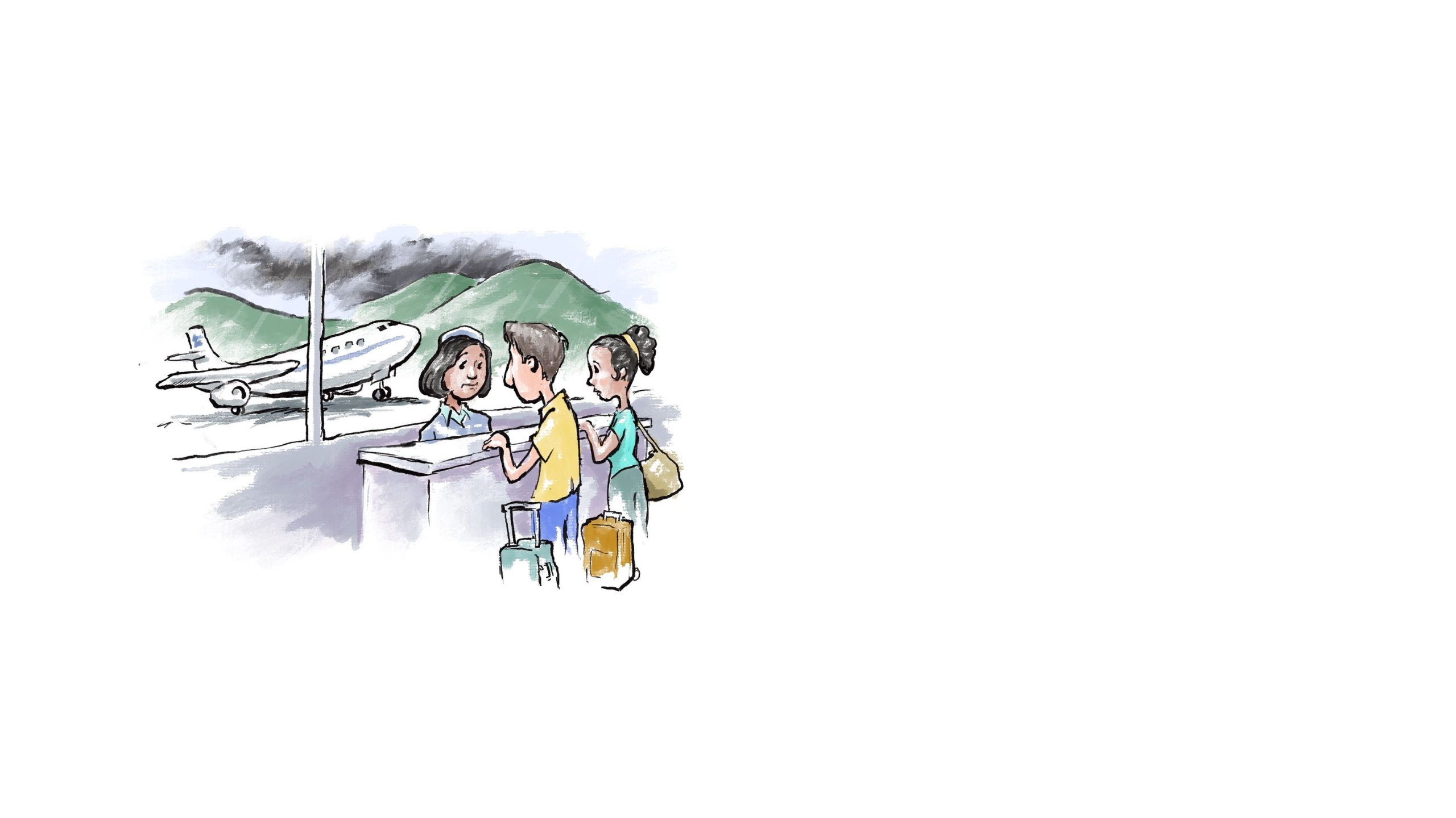 Illustration of man and woman with suitcases engaging with airline customer service representative while plane sits outside on tarmac and skies fill with smoke (State Dept./D. Thompson)