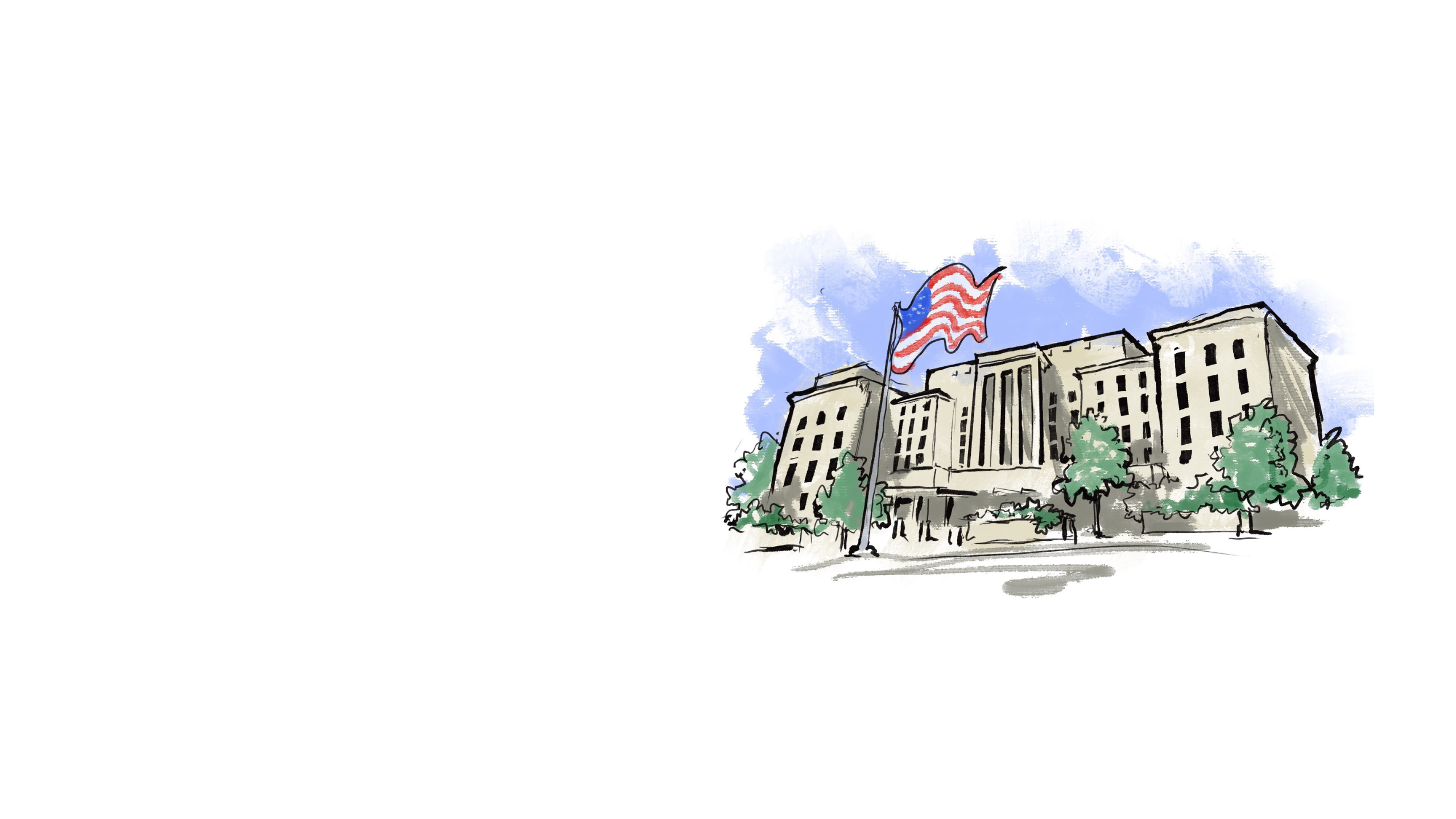Illustration of multistoried office building surrounded by trees with American flag flying from flagpole in front of it (State Dept./D. Thompson)