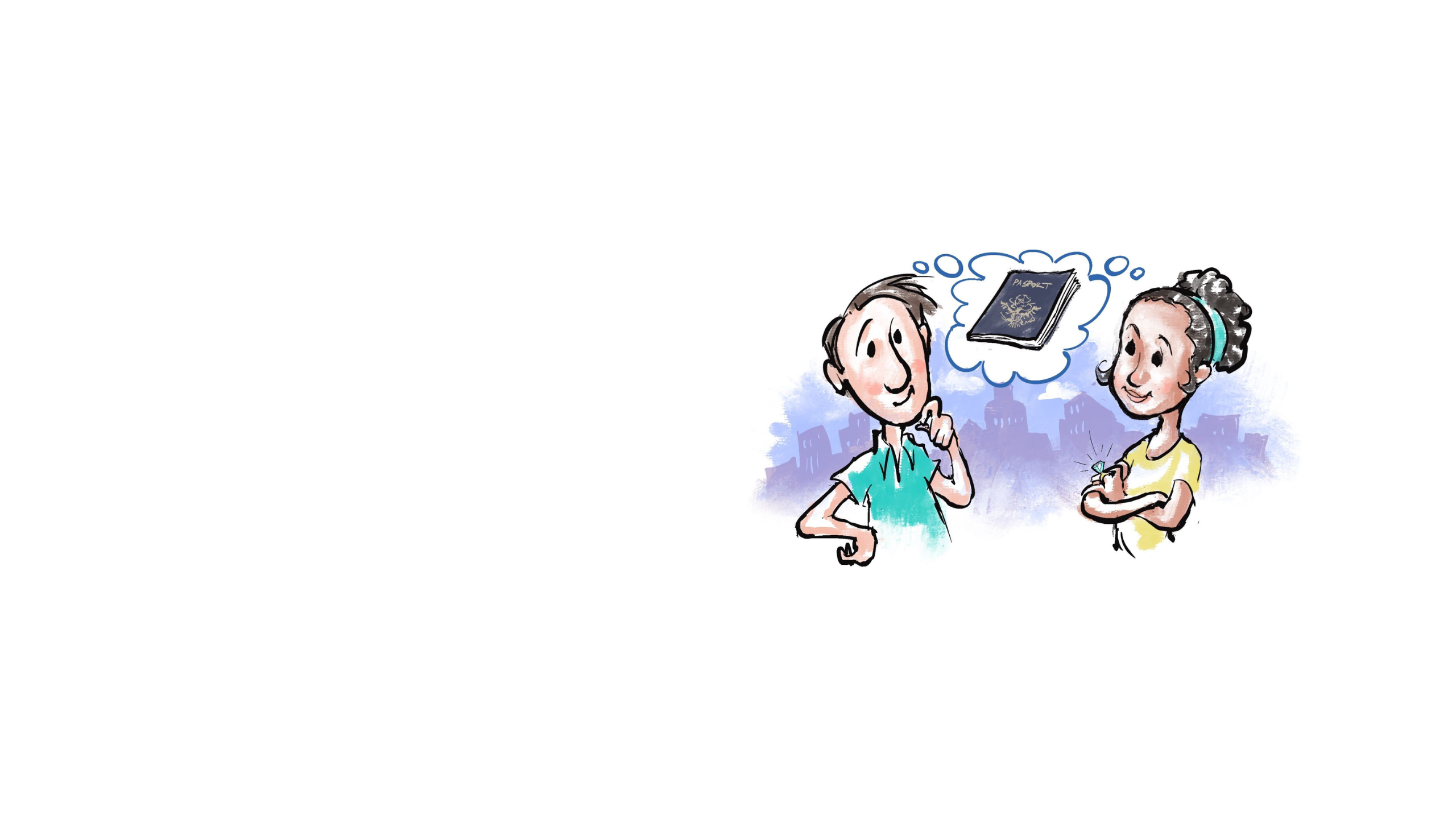 Illustration of man and woman with thought bubble over both of their heads containing a U.S. passport (State Dept./D. Thompson)