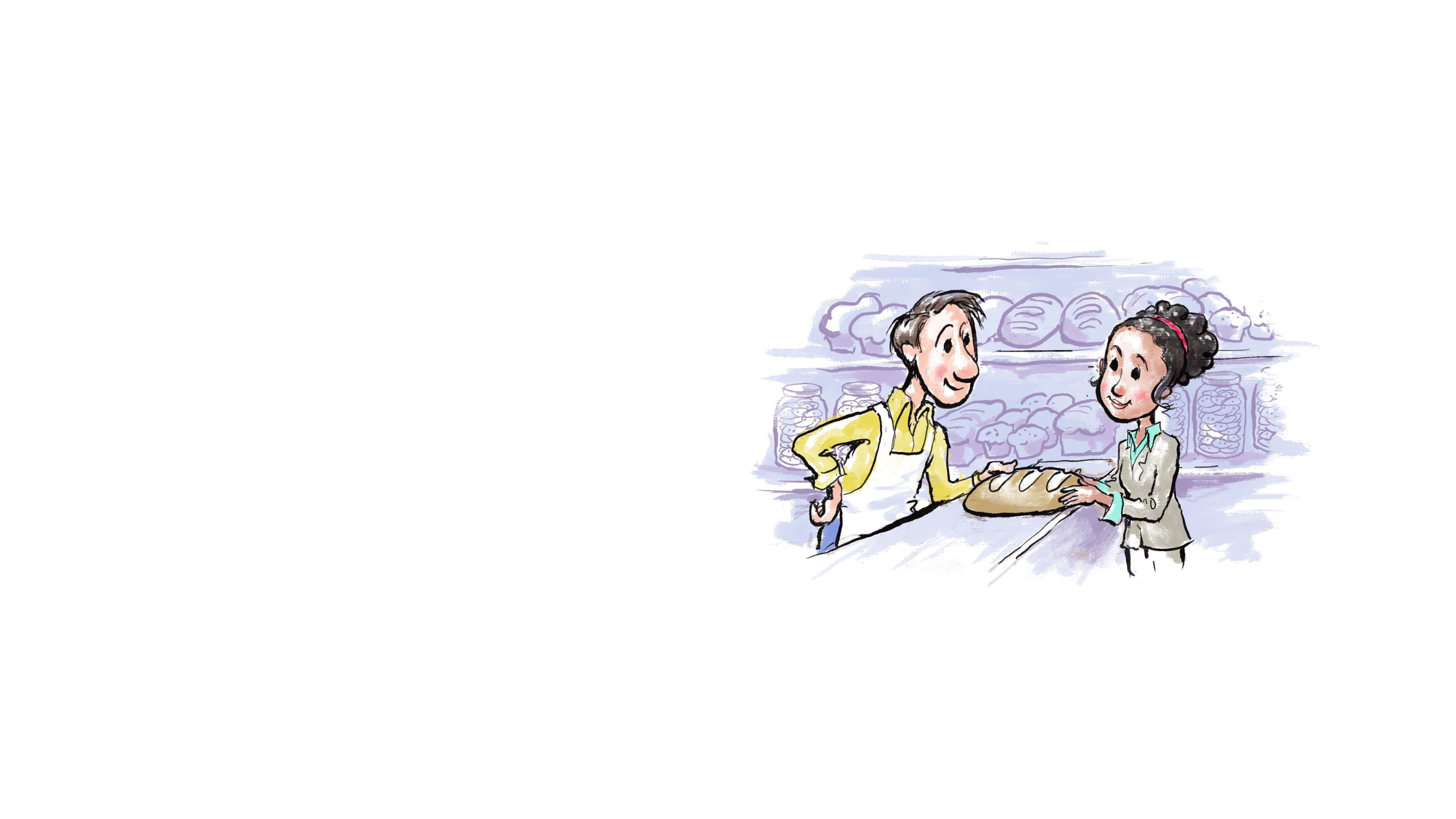 Illustration of man wearing apron standing behind a counter at a bakery handing loaf of bread to professionally dressed woman (State Dept./D. Thompson)