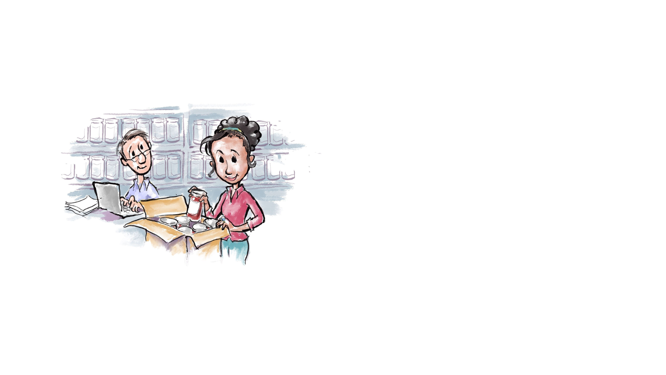 Illustration of man sitting at desk in front of computer smiling at woman who is standing nearby and packing a box with jars (State Dept./D. Thompson)