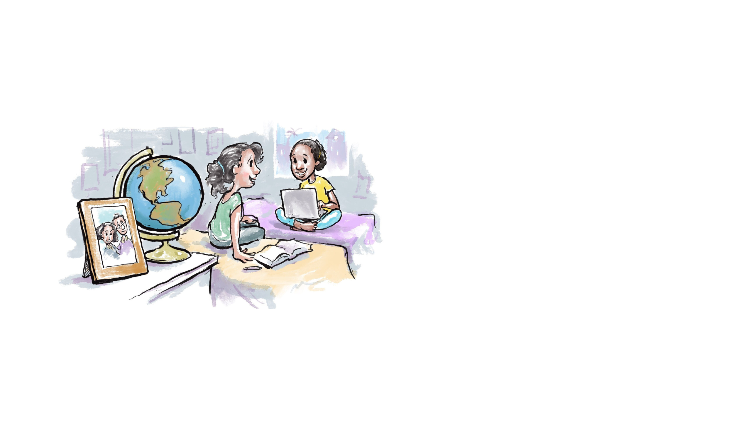 Illustration of two women sitting on separate beds, chatting, one with computer on lap and the other with open book by her side (State Dept./D. Thompson)