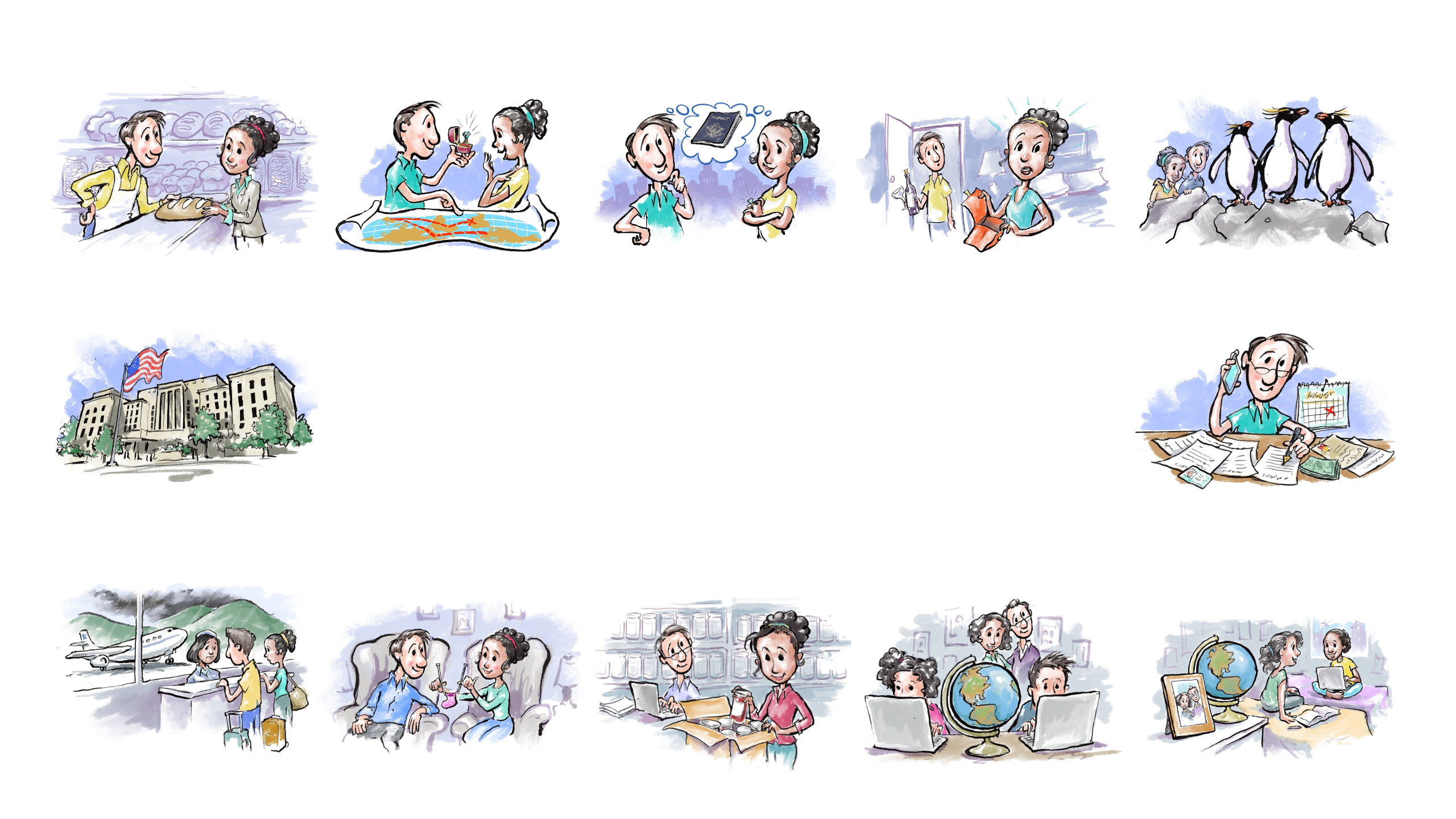 Illustration of two women sitting on separate beds chatting. One woman holds a computer in her lap while an open books rests nearby the other woman.