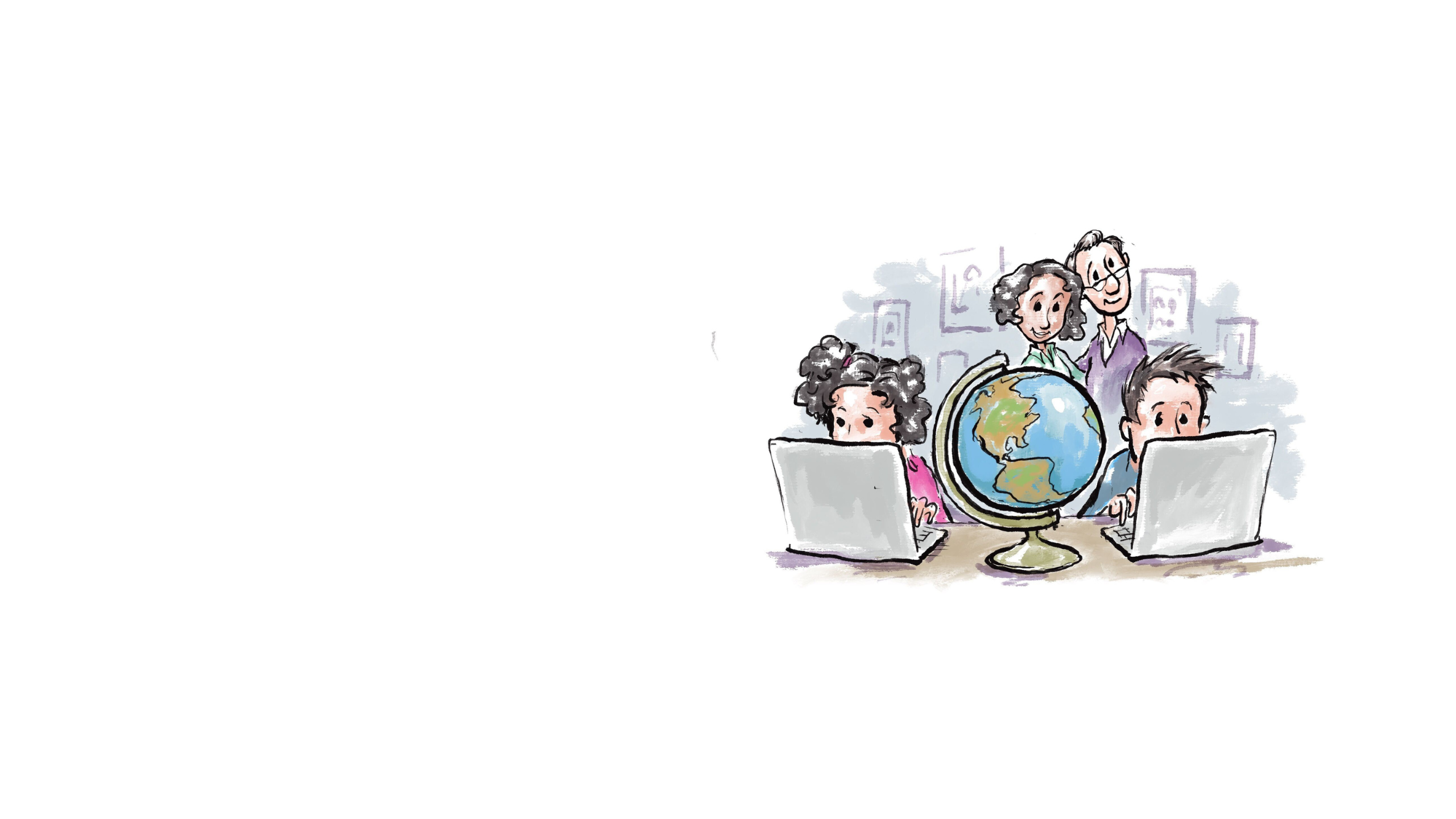 Illustration of man and woman looking at girl and boy seated at desk, working on computers, with globe between them (State Dept./D. Thompson)