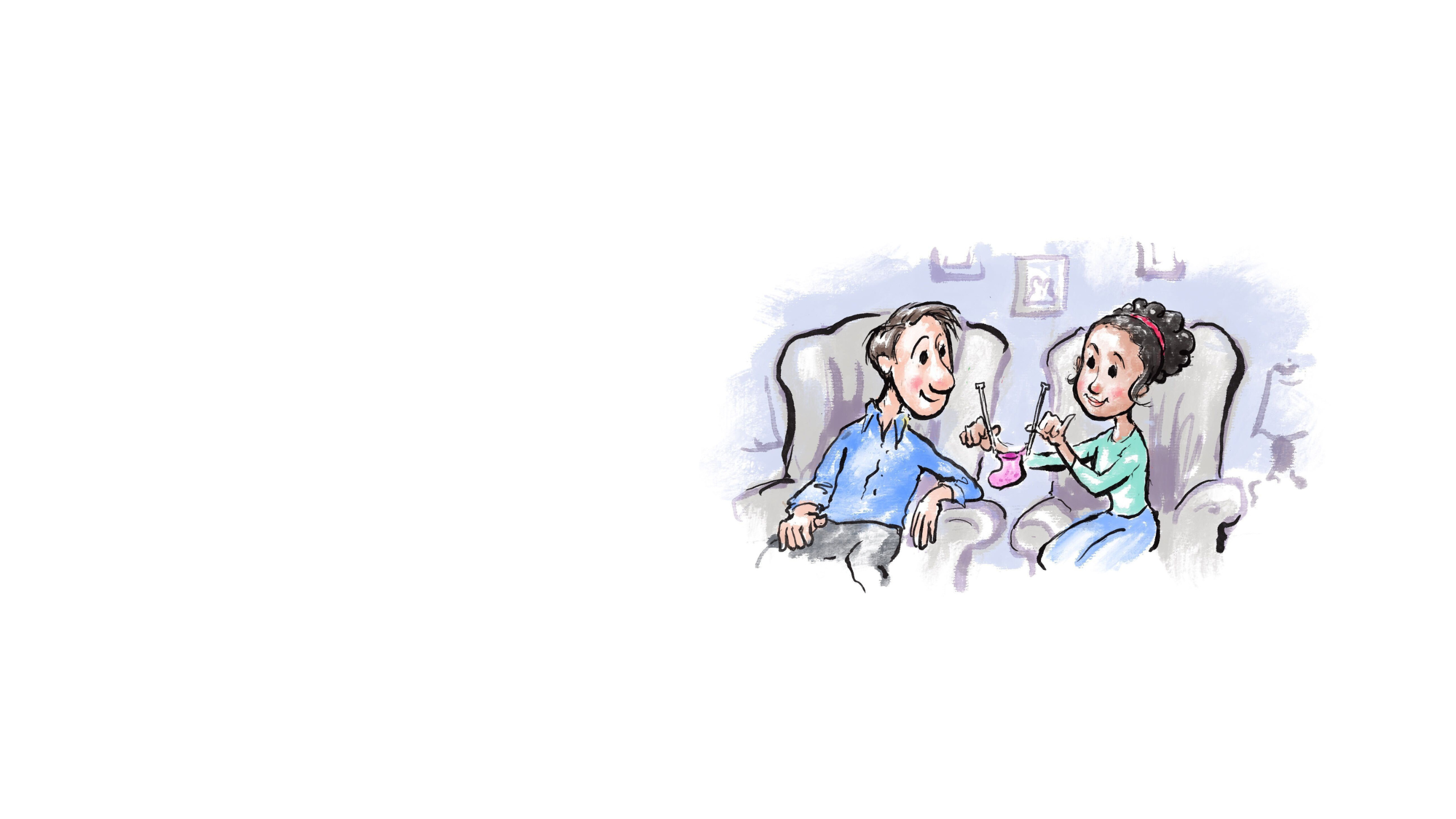 Illustration of seated man smiling at seated woman while she knits a baby bootie (State Dept./D. Thompson)