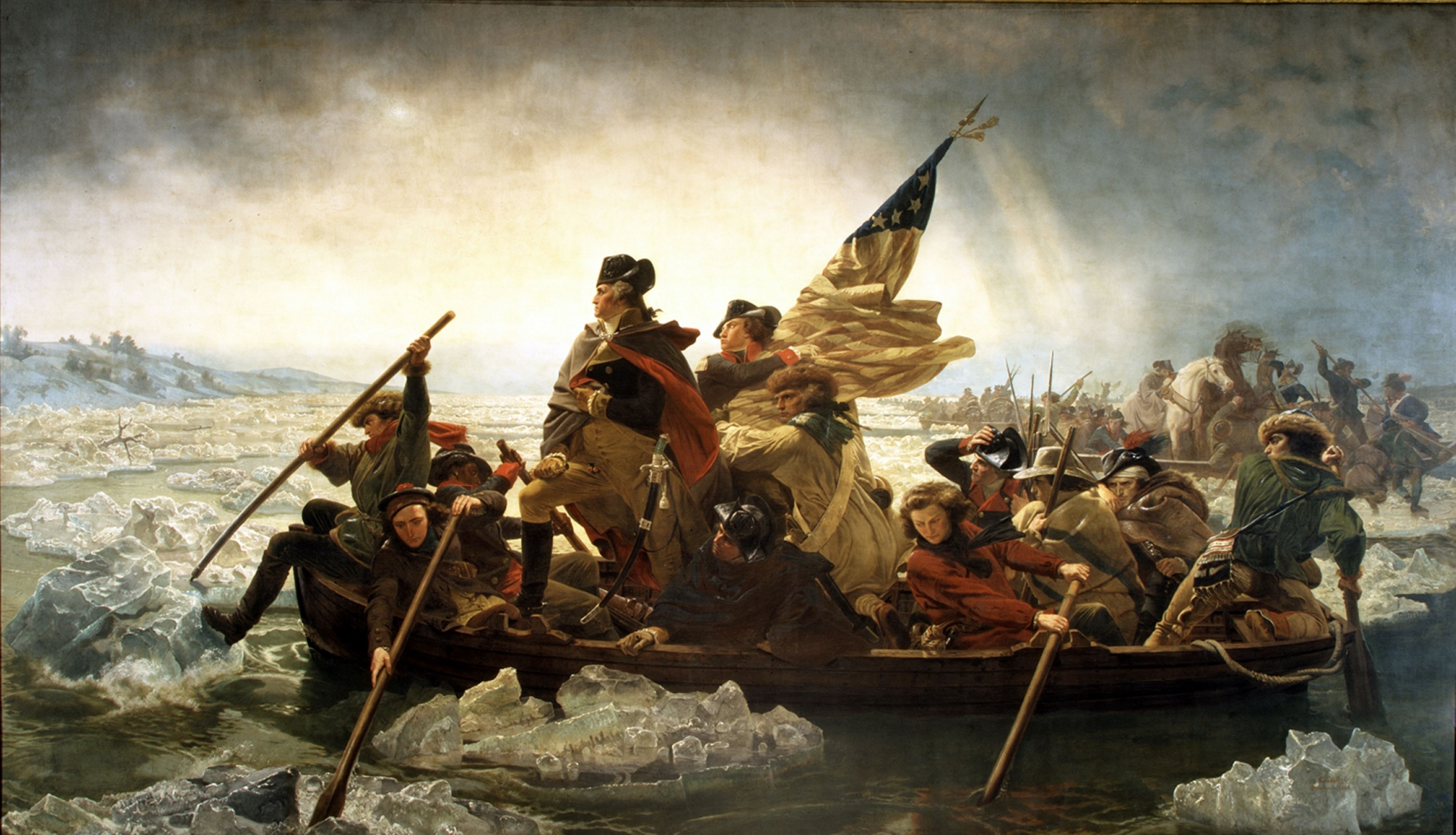 Painting of George Washington in crowded boat with men rowing in icy river, with mounted men and soldiers in rear