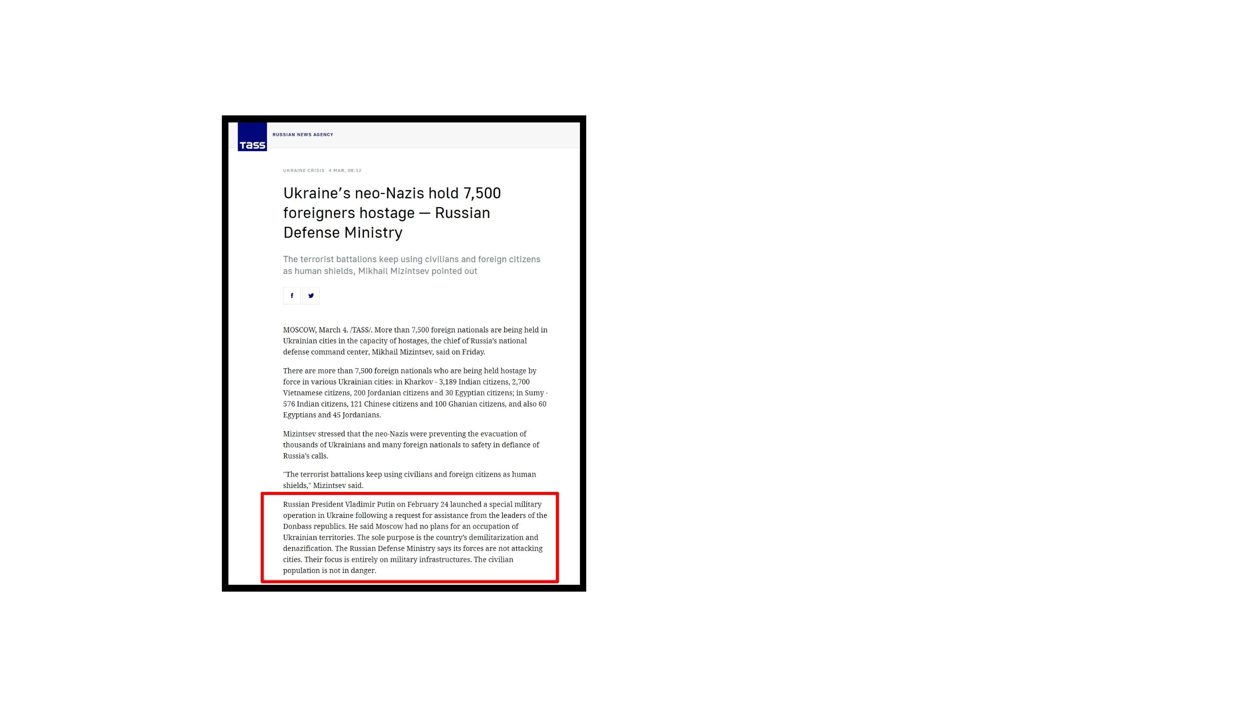 Image of a press release from the TASS website dated March 4, 2022.